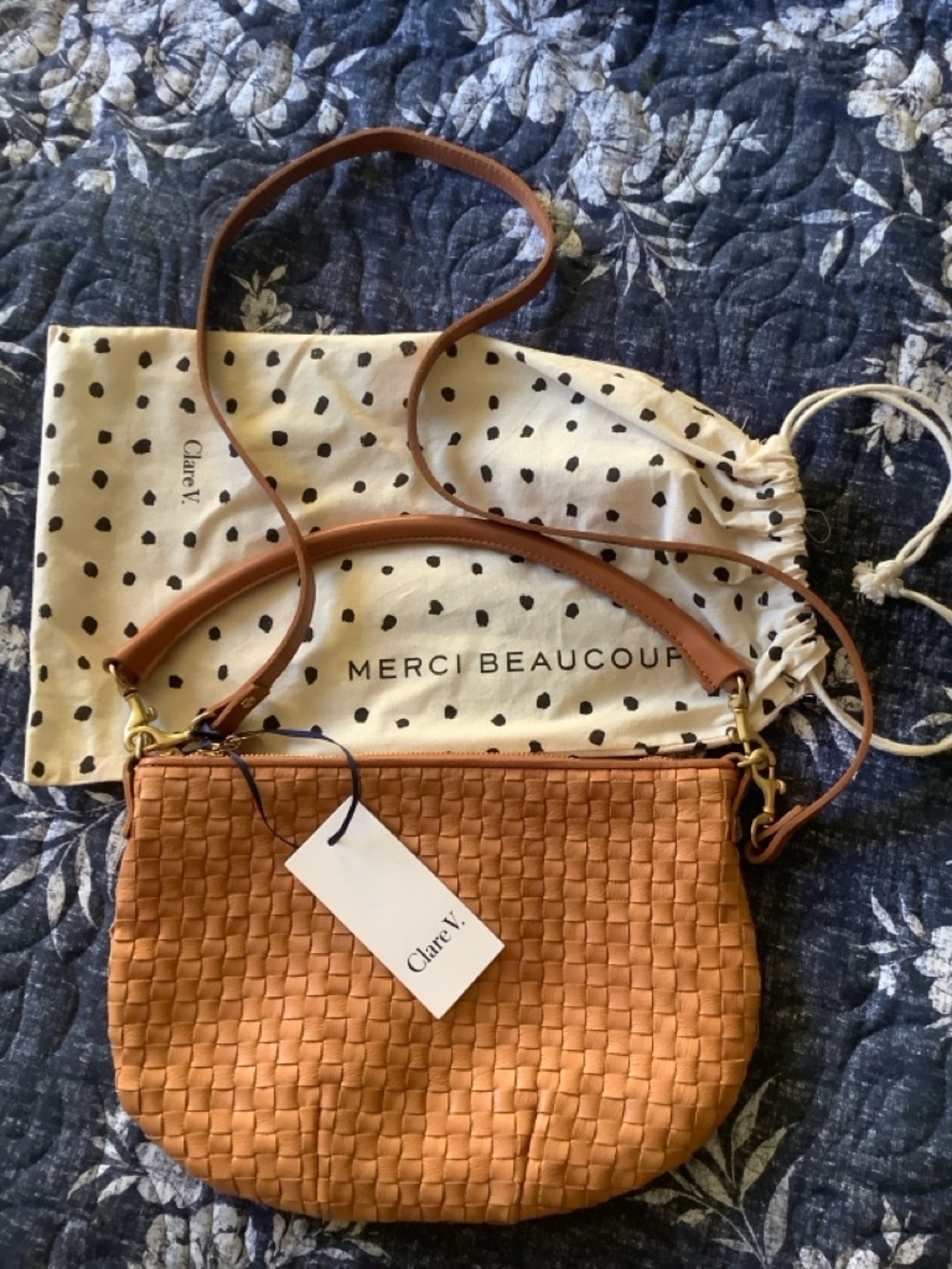 Clare V. Petit Moyen Messenger Natural Woven Tan Leather